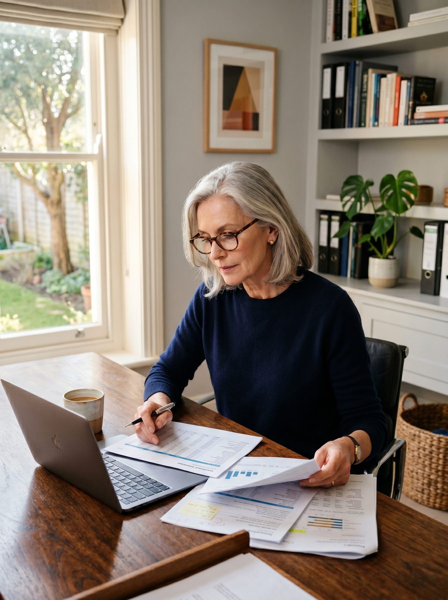 An affluent retiree reviewing annuity contract documents at a sunlit home desk