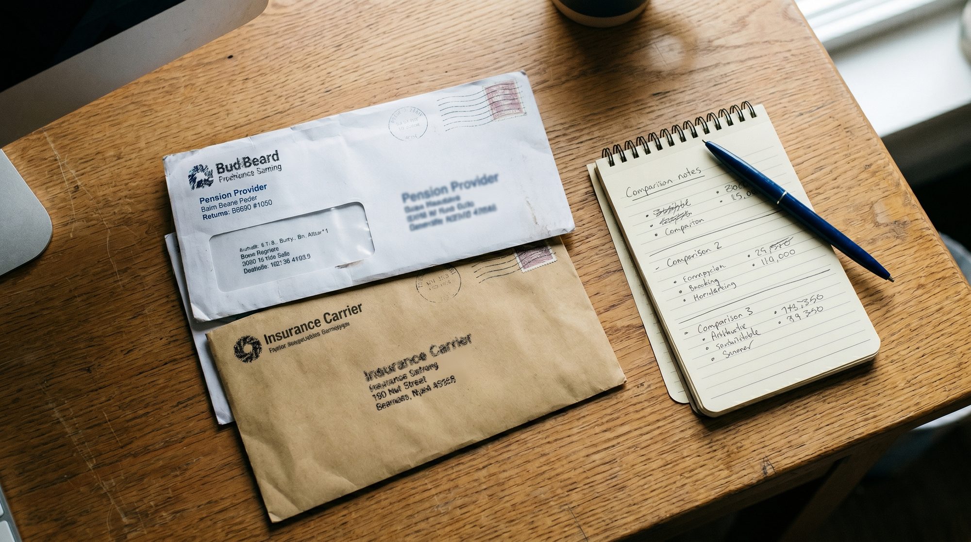 Two stacked envelopes on a wooden desk labeled with a pension provider and an insurance carrier